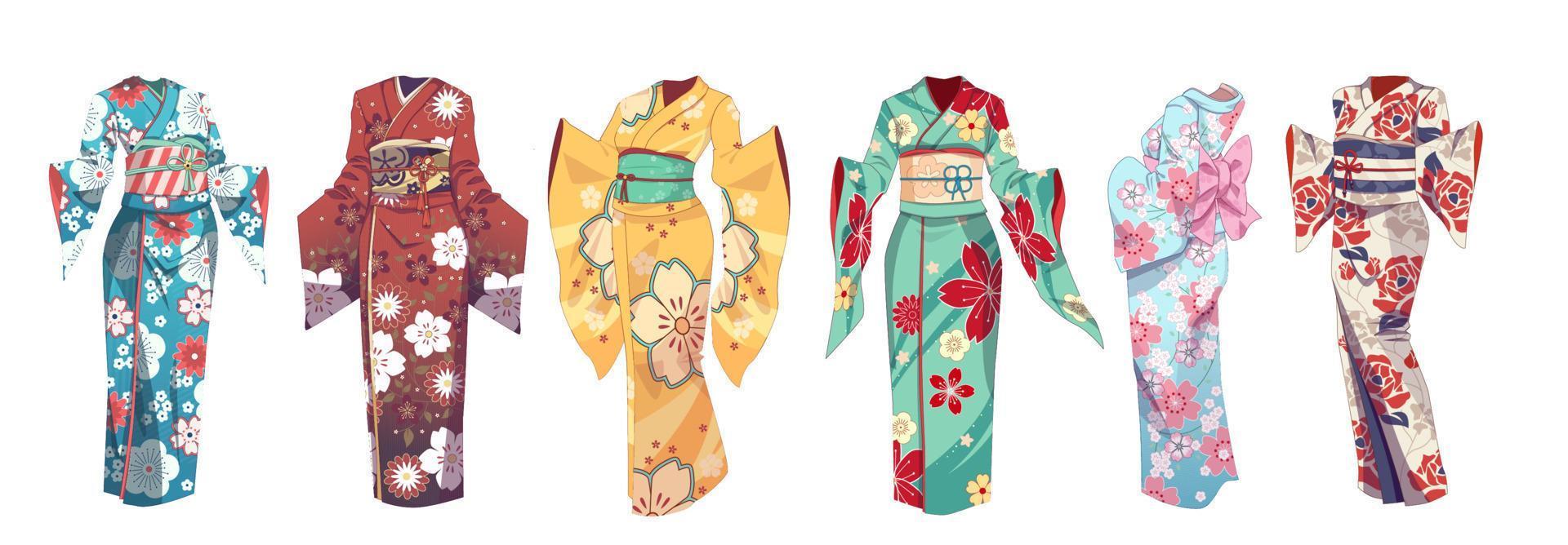 conjunto de ropa tradicional asiática, kimono japonés. ropa de verano - yukata. ilustración vectorial sobre fondo aislado vector