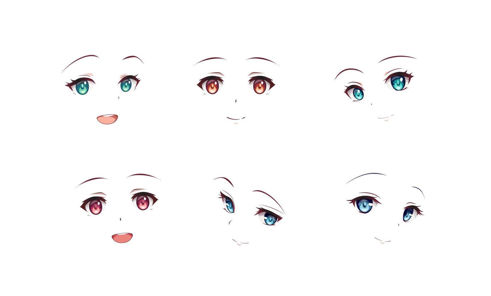 Set of Cartoon Anime Eyes, Anime Style Expressions. Kawaii Cute eyes.  Different Eyes, Joy. Anger. Calmness. Anime girl in Japanese. Anime style,  drawn illustration Set Stock Vector