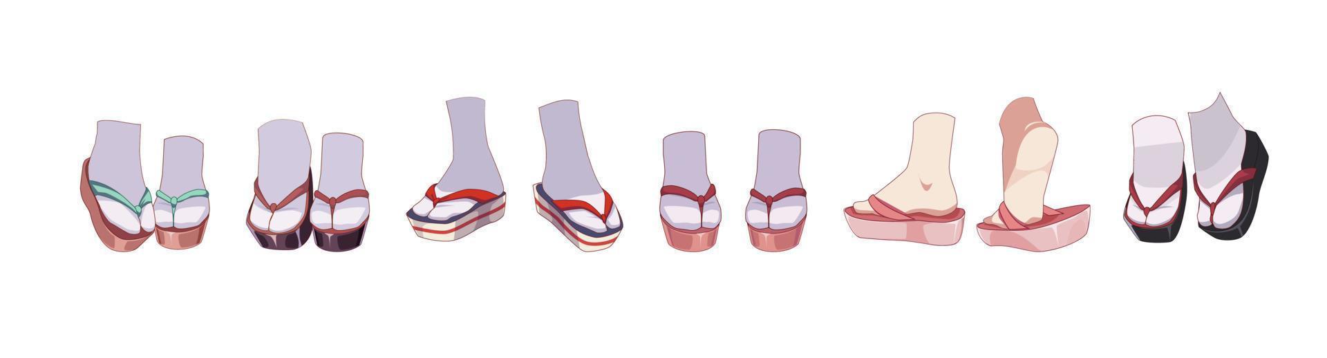 Japanese shoes - geta, zori. Sandles for girl kimono traditional costume. Set of feet in socks. Vector illustration