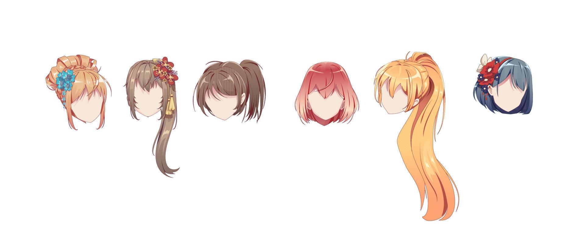 Anime hairstyles. Isolated hair set. Manag wigs. Vector illustration.