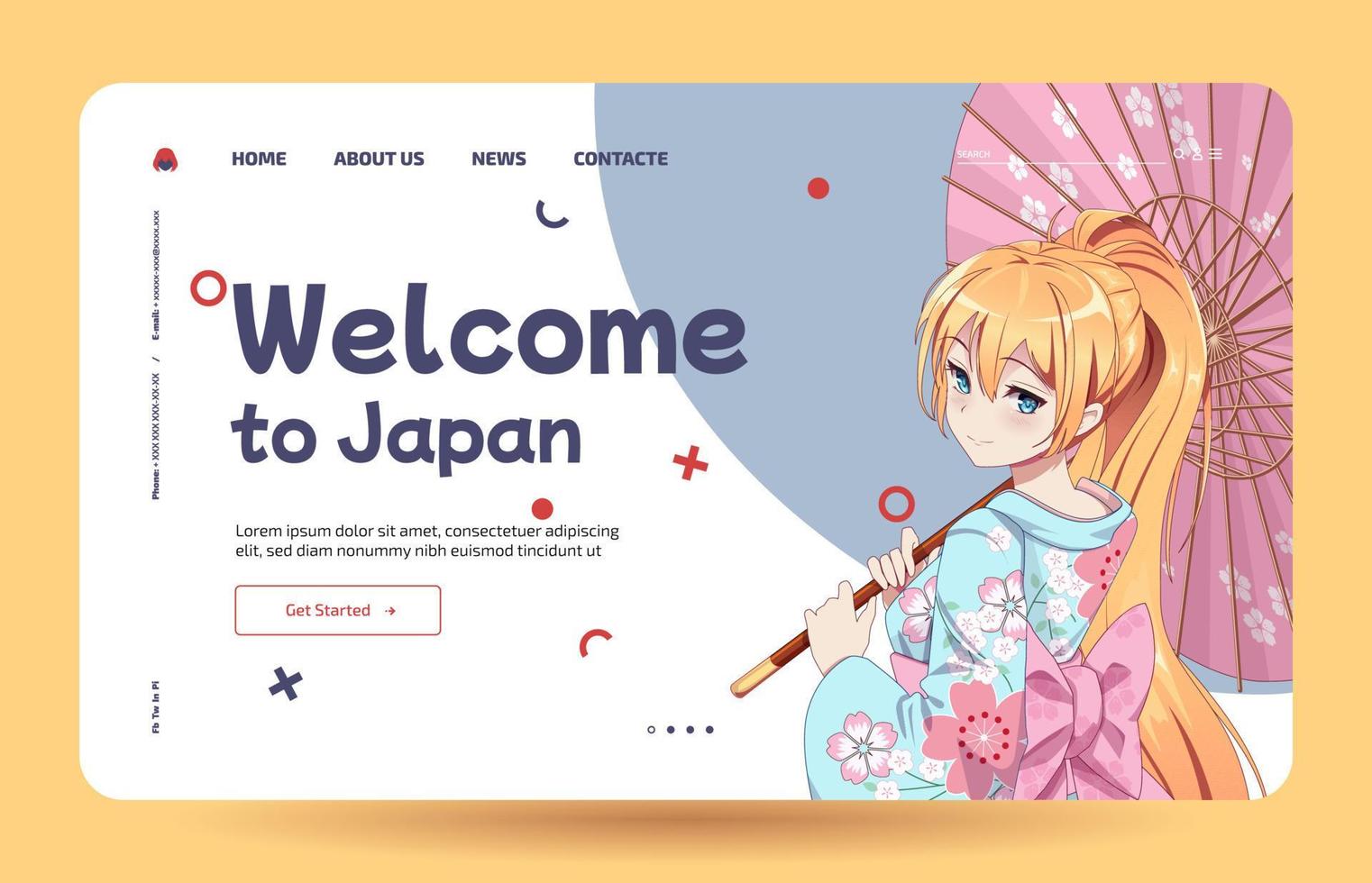 anime manga girls en traje de kimono japonés tradicional con paraguas. aprender japonés - plantilla de página de destino vector