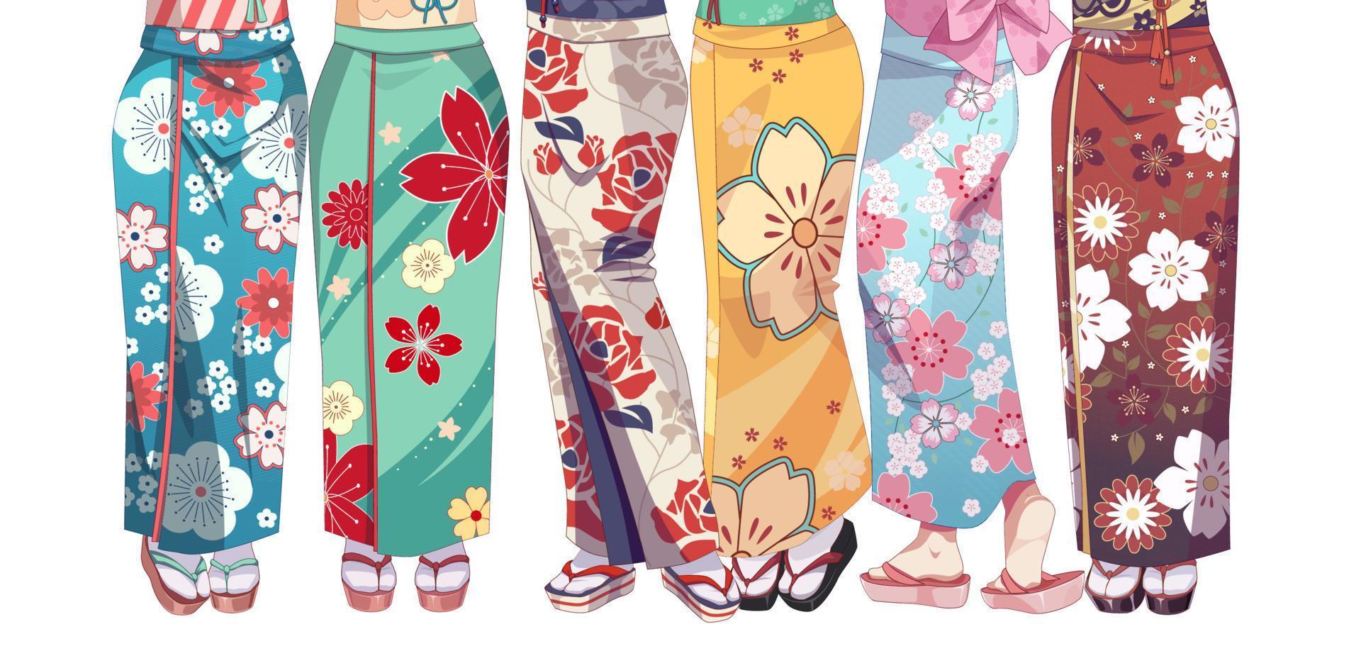 Long legs of group of girls. Anime manga girl wearing Japanese kimono. Vector illustration on isolated background