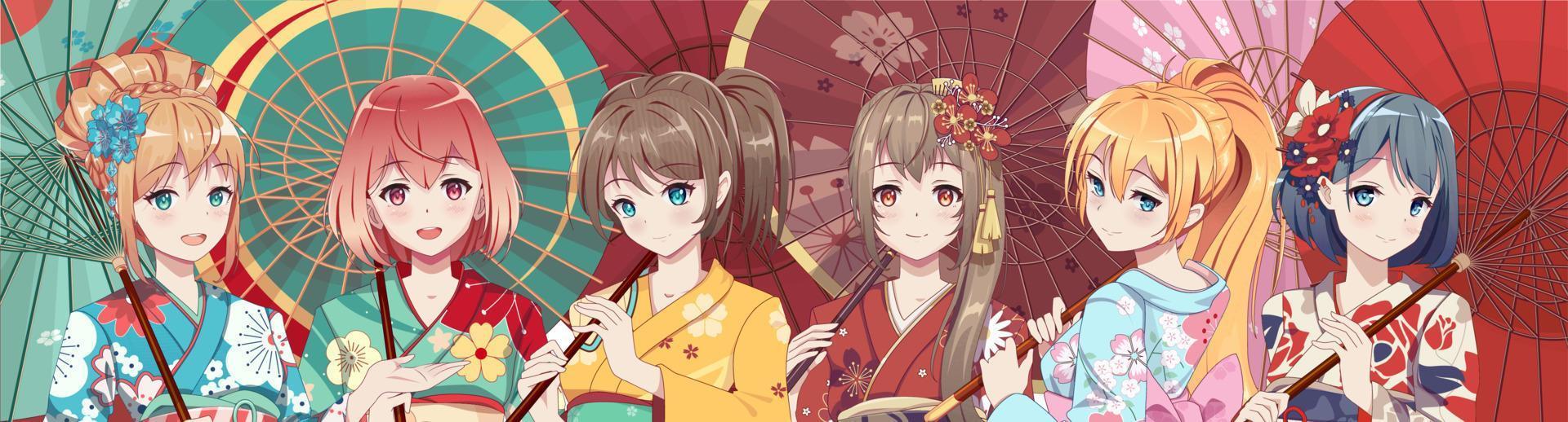 Group of anime manga girls in traditional Japanese kimono costume holding paper umbrella. Vector illustration on isolated background