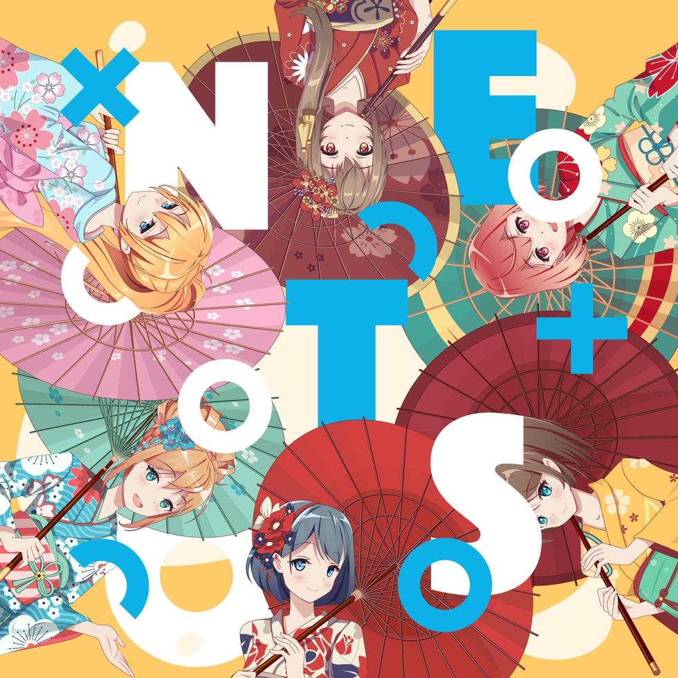 cartel o volante. anime manga girls en traje de kimono japonés tradicional con paraguas de papel. ilustración vectorial sobre fondo aislado vector