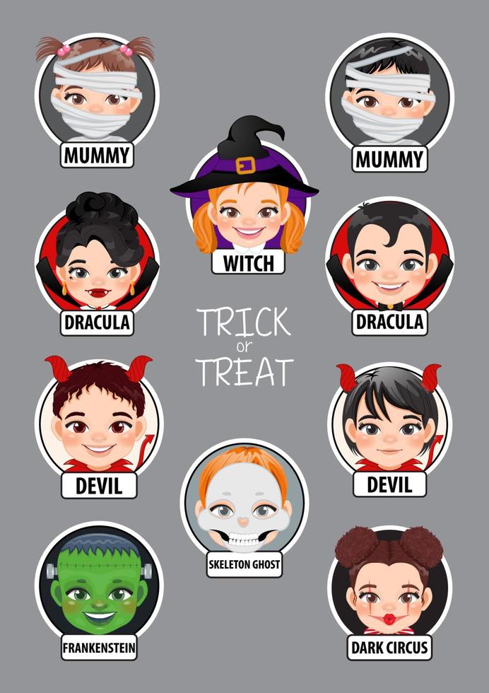 Halloween kids in Halloween costumes head vector illustration logo icon