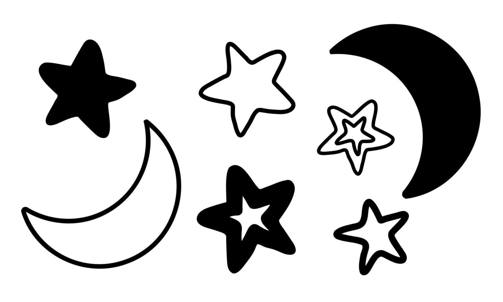 Vector set with Stars and Crescent moon. Hand drawn illustration in doodle style for icon or logo. Black silhouettes drawing on white isolated background