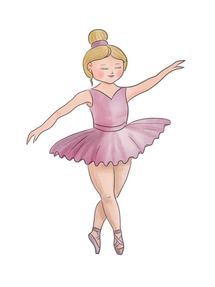 Cute little Girl dancing Ballet Kid Dancer in pink tutu Watercolor vector hand drawn illustration isolated on white background