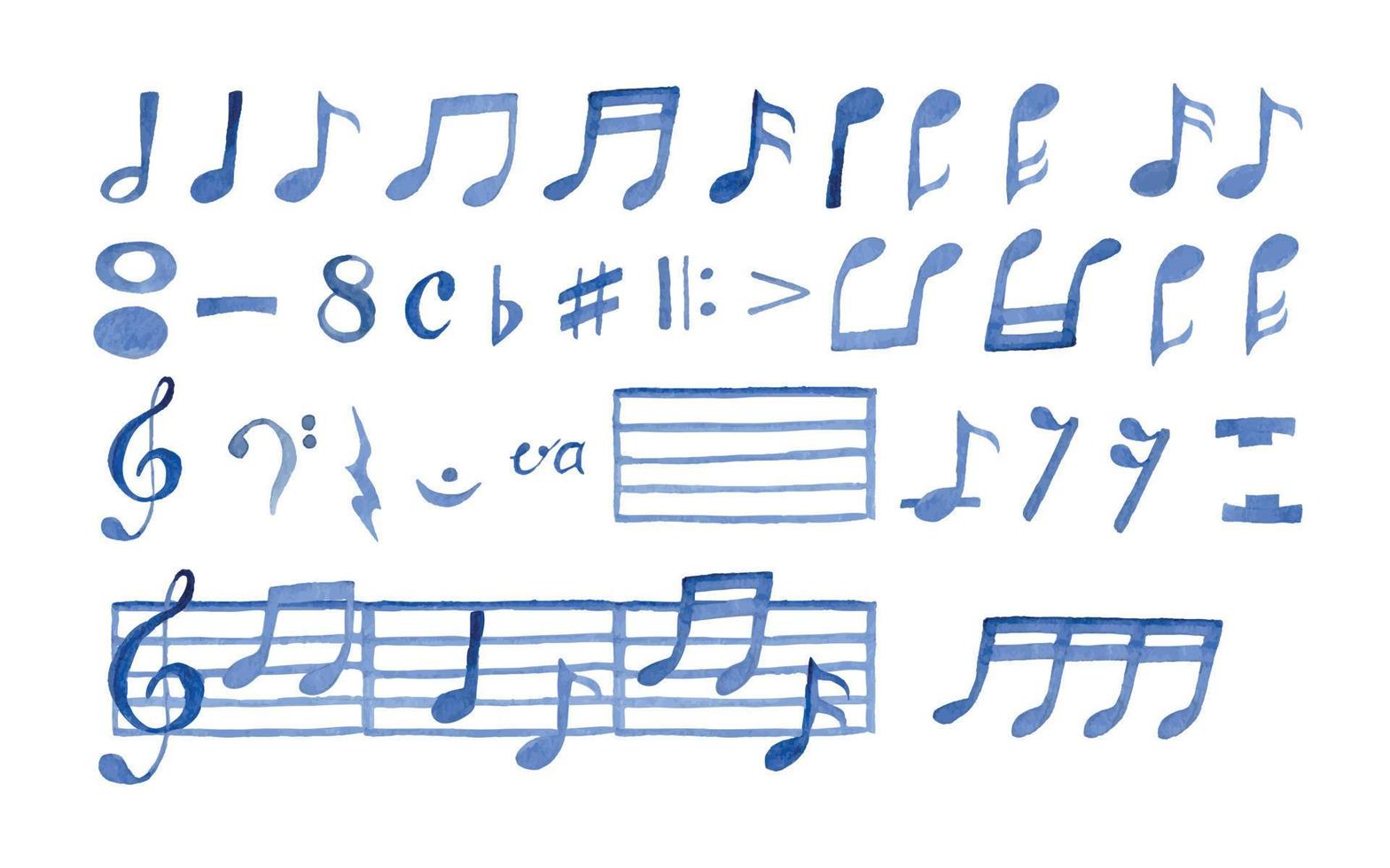 Watercolor Music Notes for Piano Hand painted doodle vector illustrated Big set Blue Color on white background