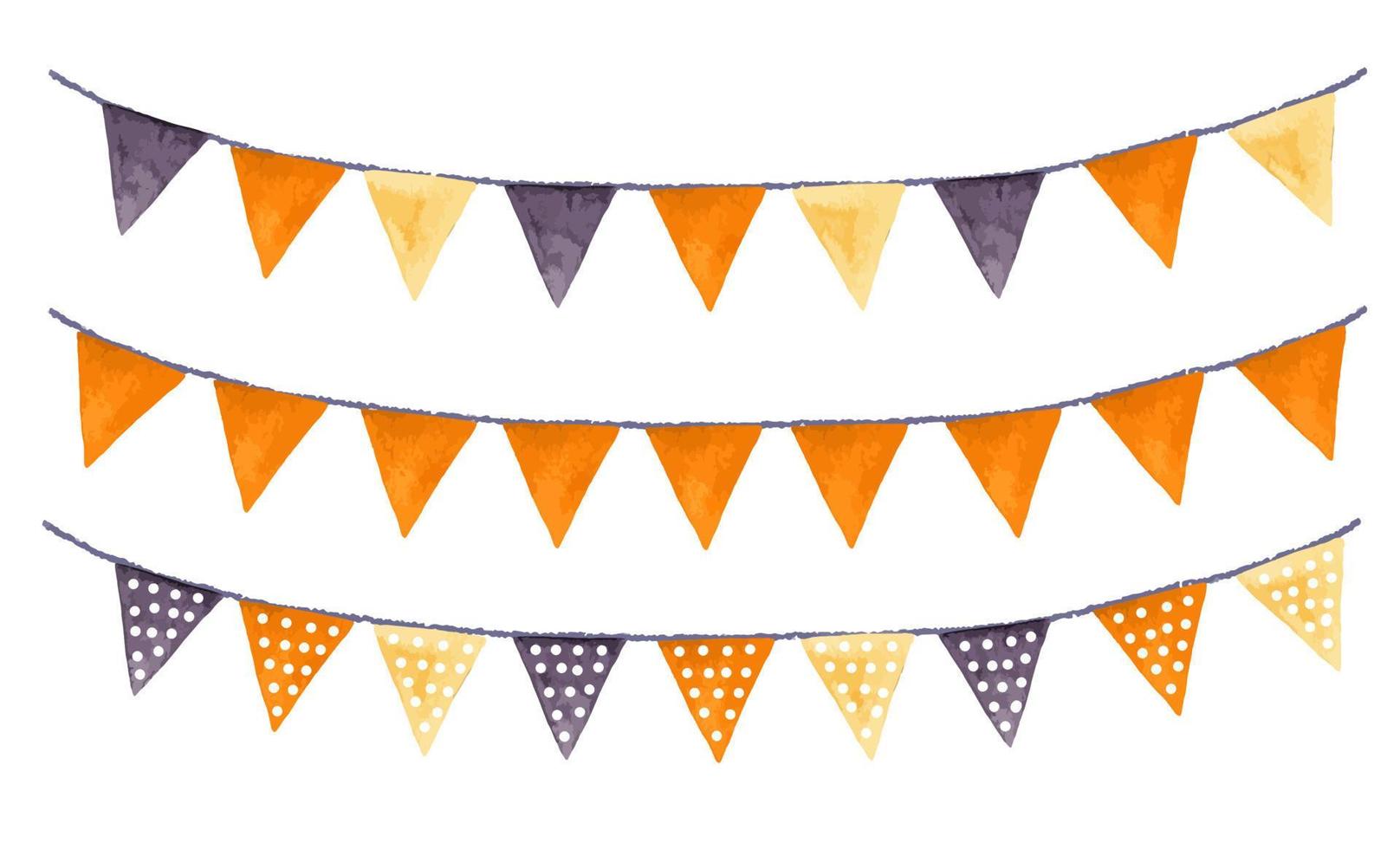 Watercolor Garland with different Flags for Halloween or Thanksgiving Day. Hand drawn vector illustration of Pennants set on white isolated