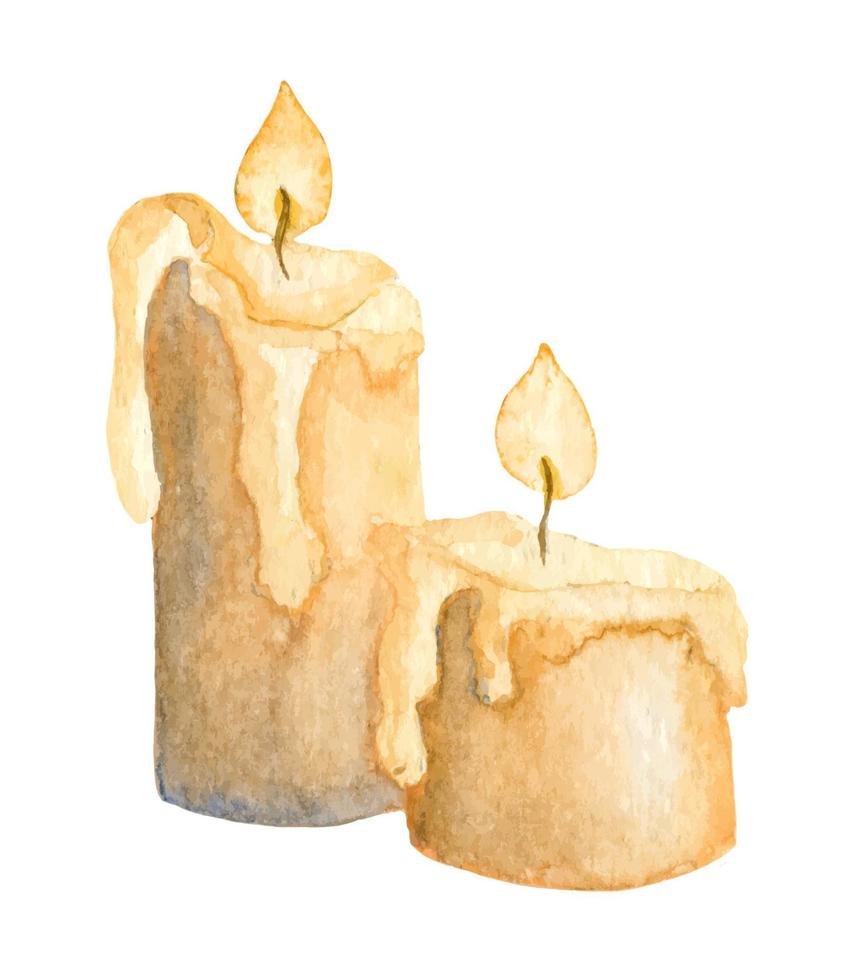 Watercolor Candles with Light yellow Flame. Hand painted vector illustration for Christmas or Halloween design. Drawing on white isolated background for New Year clipart