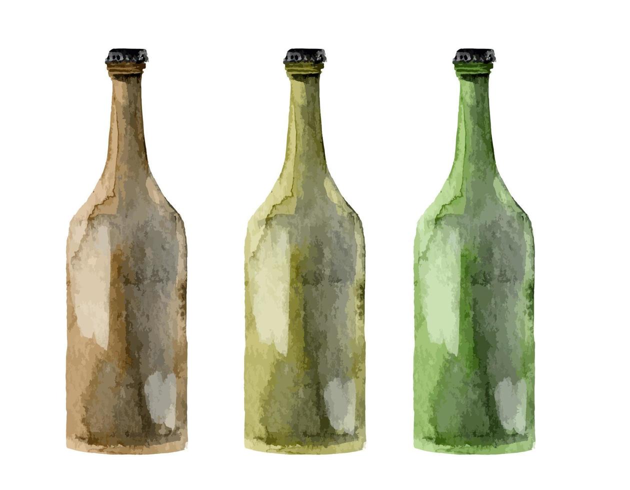 Watercolor set of glass Beer Bottles. Hand painted vector illustration on white isolated background. Drink for octoberfest. Brown and green colors