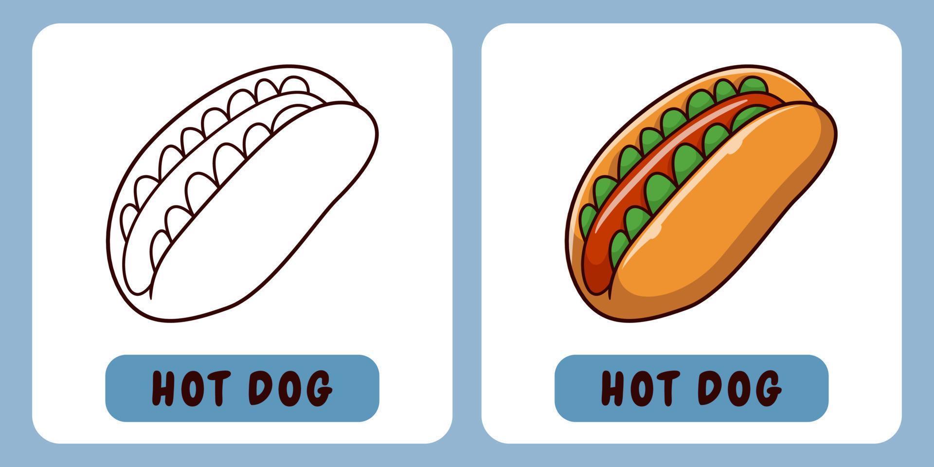 ilustración de dibujos animados de hot dog para libro de colorear para niños vector
