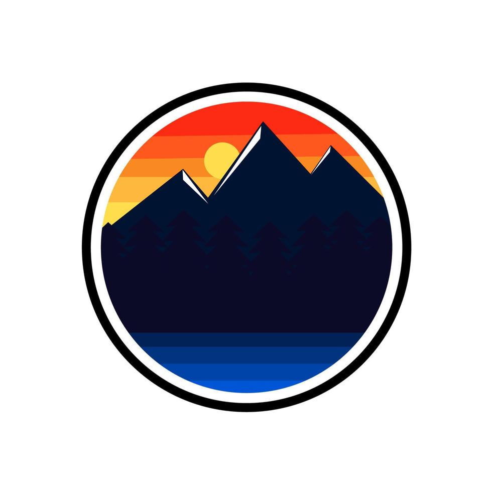 Sunset above mountains peak silhouette. Vintage-styled mountain logo. Vector illustration