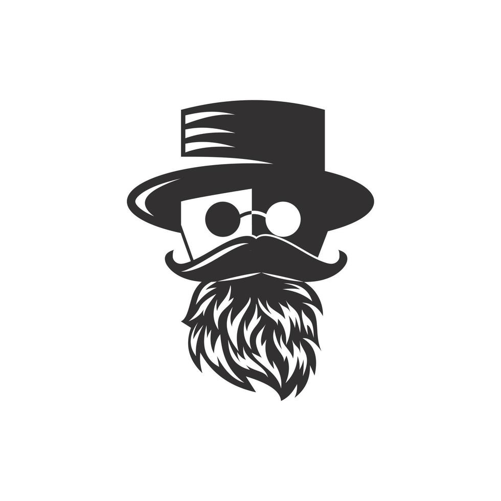 la cara de un anciano con gafas, un sombrero negro, con un diseño de logo de barba y bigote. vector