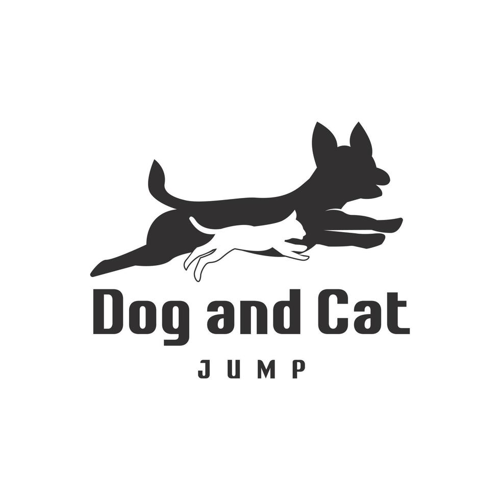 plantilla de vector de ilustración de silueta saltando juntos perro y gato, logotipo de amante de mascotas, adecuado para industrias creativas, multimedia, médica, entretenimiento, educación, tienda y negocios