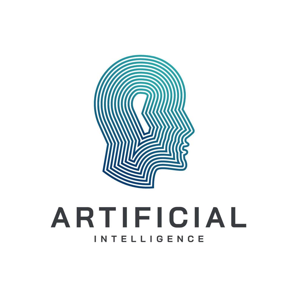 inteligencia artificial y plantilla de logotipo de rostro humano. circuito electrónico de rejilla, líneas dinámicas y símbolo de puntos con cabeza humana y diseño de vectores de comunicación.