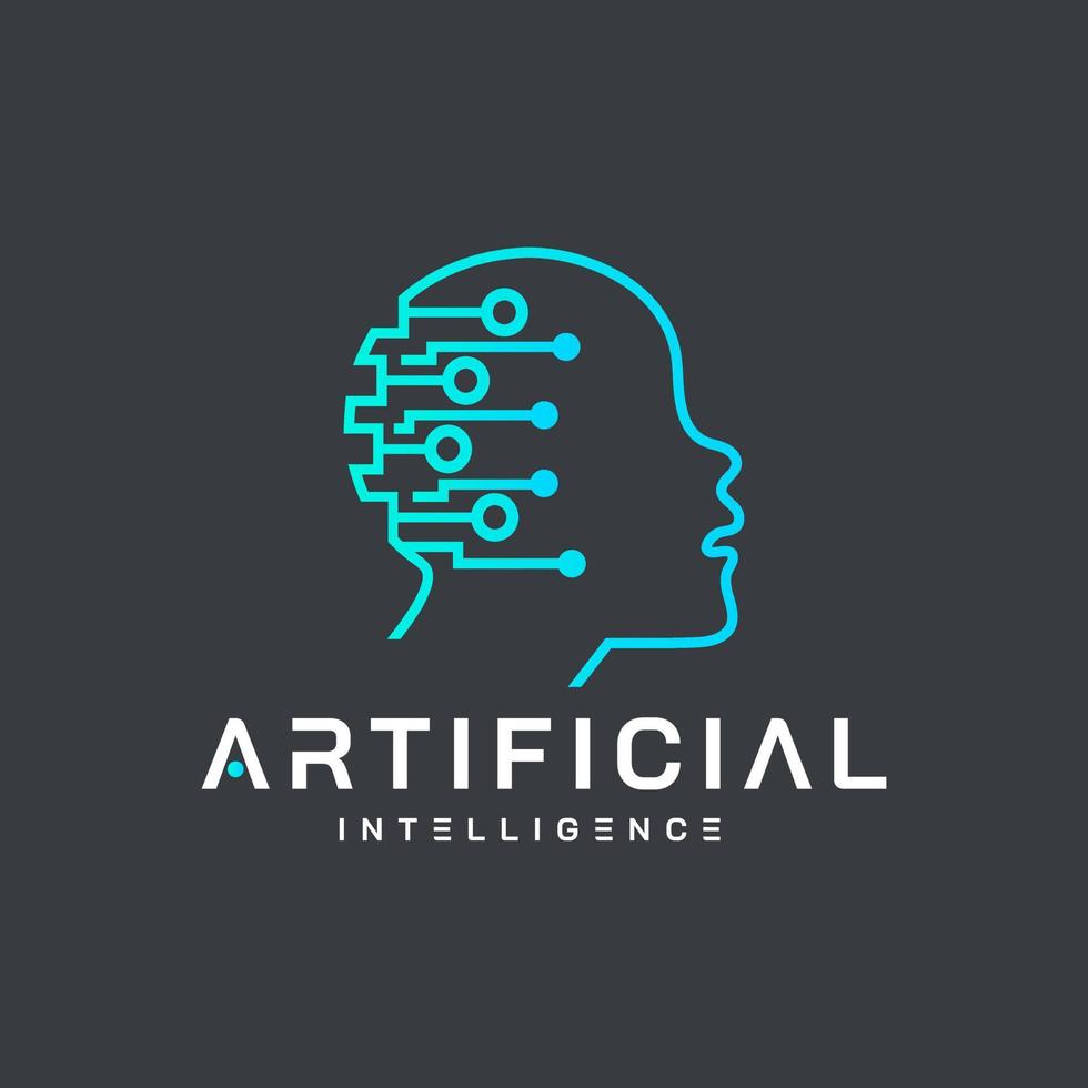 Artificial intelligence and human face logo template. Grid electronic circuit and communication vector design. Neural network, conceptual sign and logo. Analytical system. Technology Illustration