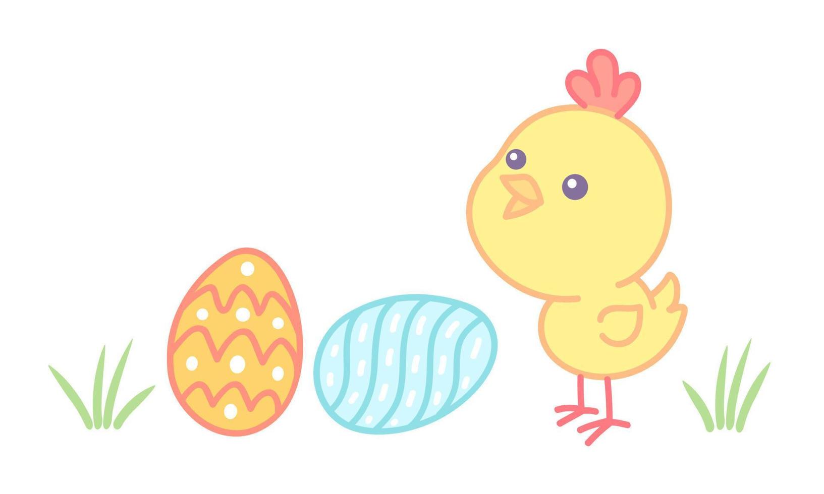 Vector illustration of a chick with eggs for Easter in kawaii style.