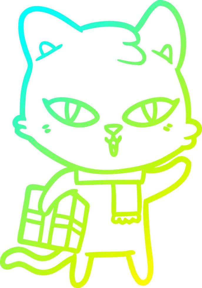 cold gradient line drawing cartoon cat with a present vector
