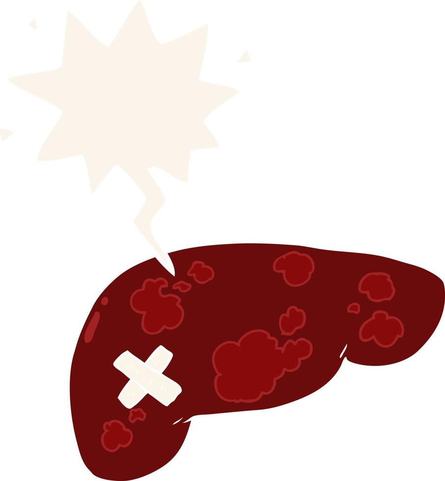 cartoon unhealthy liver and speech bubble in retro style vector