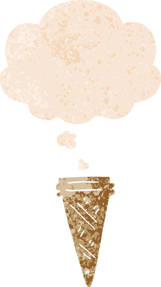 cono de helado de dibujos animados y burbuja de pensamiento en estilo retro texturizado vector