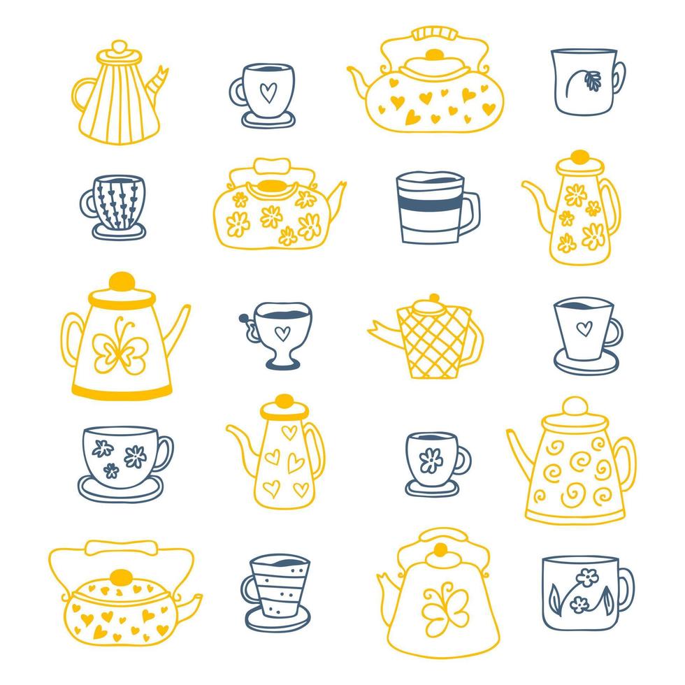 Doodle teapot, cups and mugs cozy collection. vector