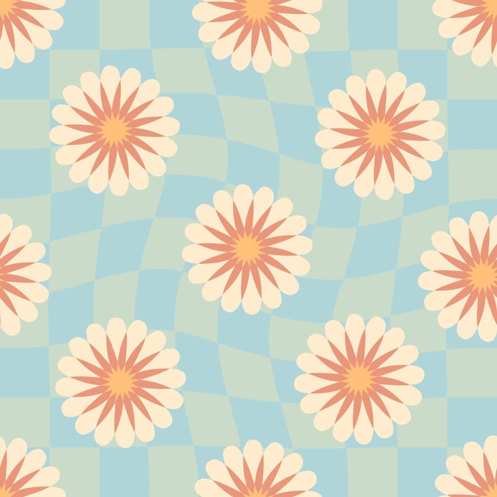 Groovy seamless pattern with abstract flowers in 1960 style. vector