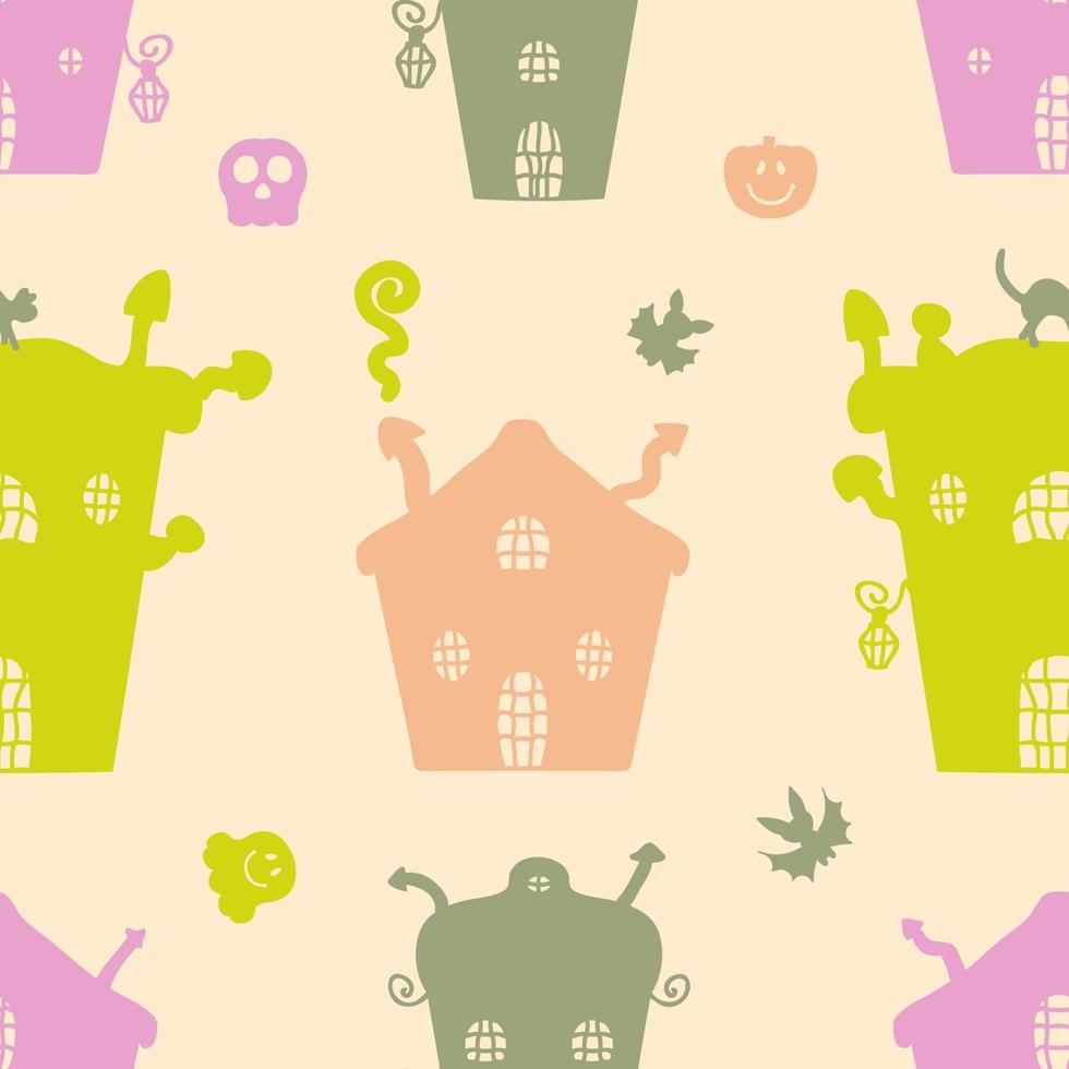 Halloween seamless pattern with houses, pumpkins, cats and bats. vector