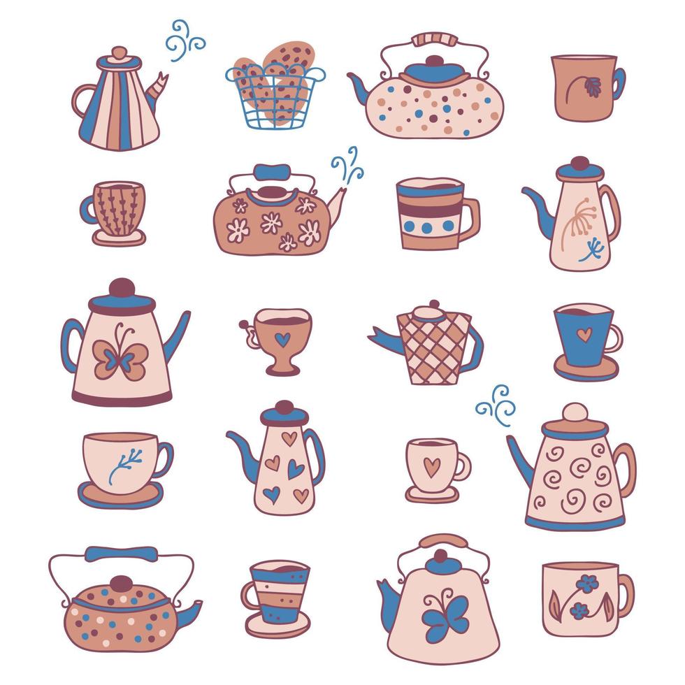 Hand drawn teapot, cups and mugs cozy collection. vector