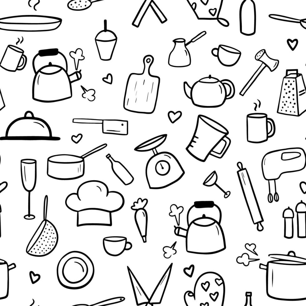 Seamless pattern with kitchen tools doodles. Cooking icon collection isolated on white background. Vector monochrome illustration for restaurant menu, recipe book and wallpaper.