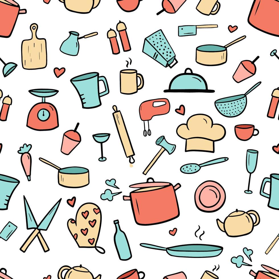 Seamless pattern with kitchen tools doodles. Vector illustration for restaurant menu, recipe book and wallpaper.