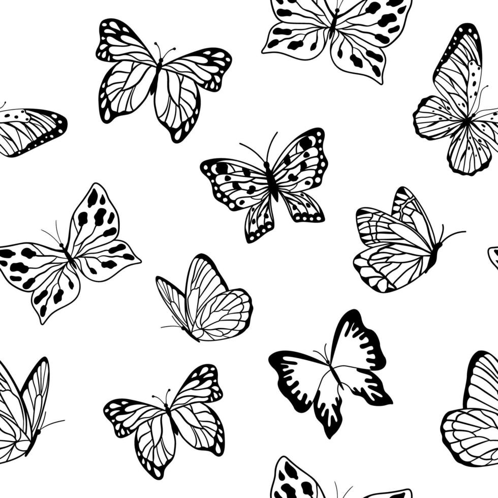 patrón monocromático sin costuras. mariposa negra gráfica aislada sobre fondo blanco. ilustración vectorial vector