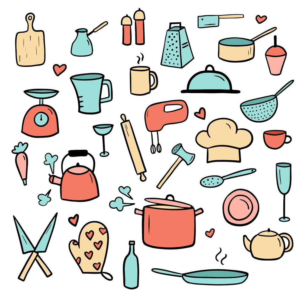 conjunto de utensilios de cocina coloridos garabatos. colección de iconos de cocina aislado sobre fondo blanco. ilustración vectorial para menú de restaurante, libro de recetas y papel tapiz. vector