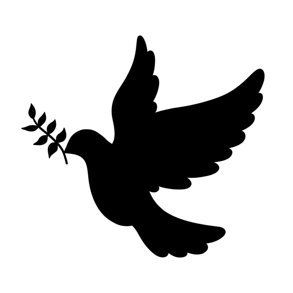 Dove of peace with olive brunch silhouette. Vector illustration isolated on white background. Peace Day symbol