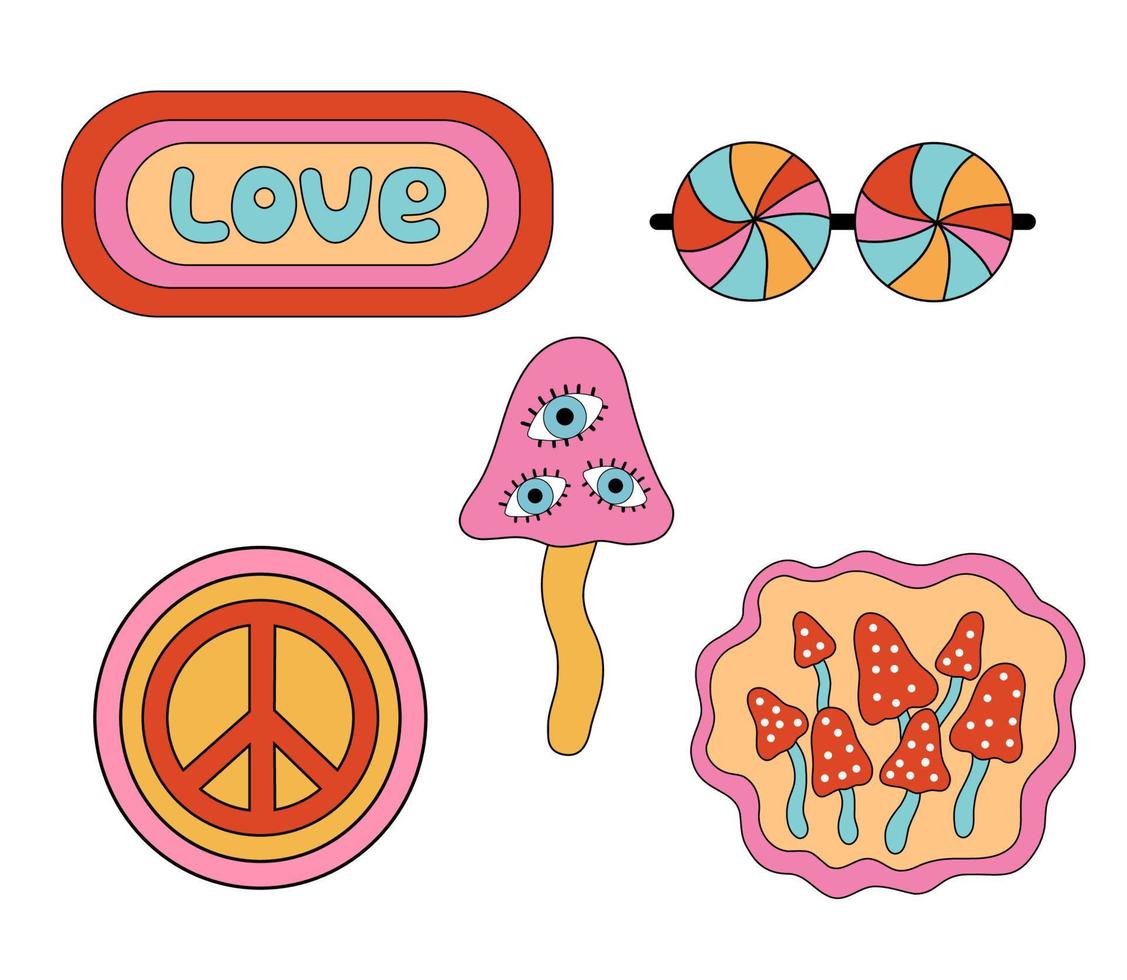 Groovy retro psychedelic mushrooms. Hippie stickers in 1970 style. Vector illustration from 60s isolated on white. Peace sign