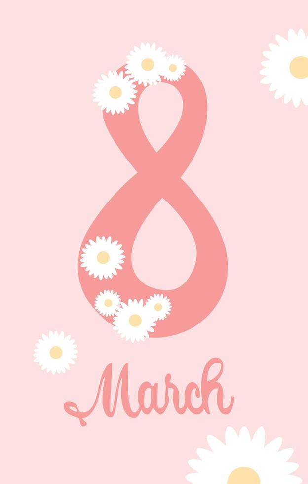 día de la mujer 8 de marzo letras postal rosa con flores de manzanilla. apoyo a los derechos de la mujer. vector