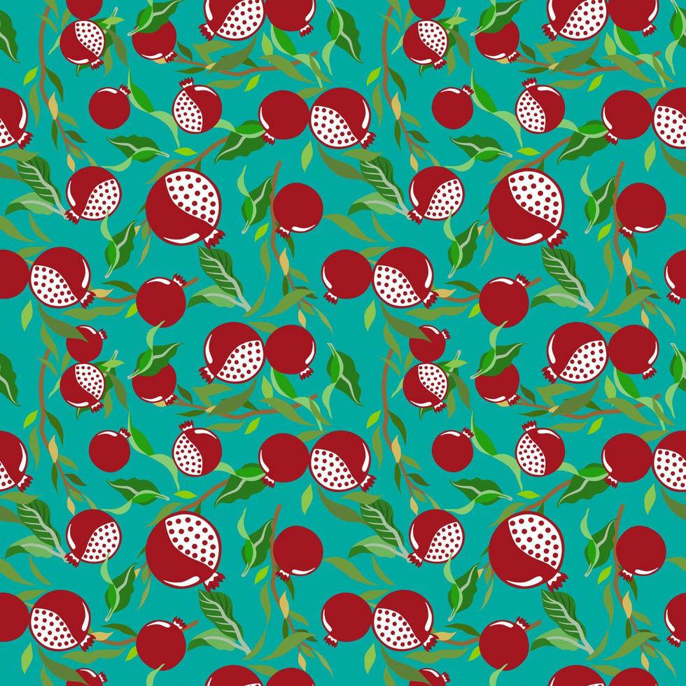 Full red Pomegranate fruit with graphic pattern and green leaves in seamless pattern style. Texture, wrapper, pattern or printing. Flat vector image.