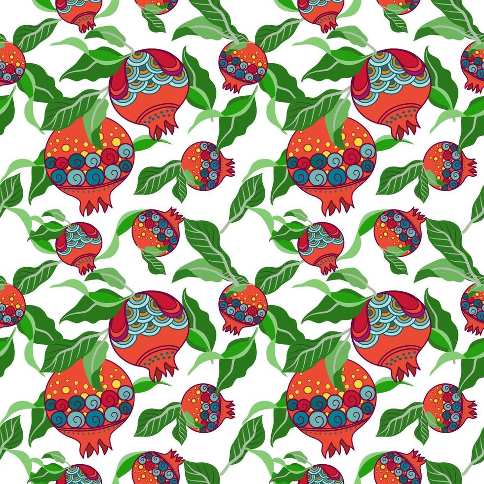 Colorful Pomegranate fruit with geometric pattern and green leaves in seamless pattern style. Texture, wrapper, pattern or printing. Flat vector image.