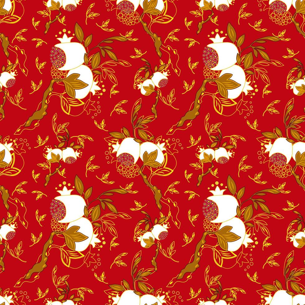 White Pomegranate fruit and golden leaves in seamless pattern style, yellow gold outline in behind. Texture, wrapper, pattern or printing. Flat vector image.