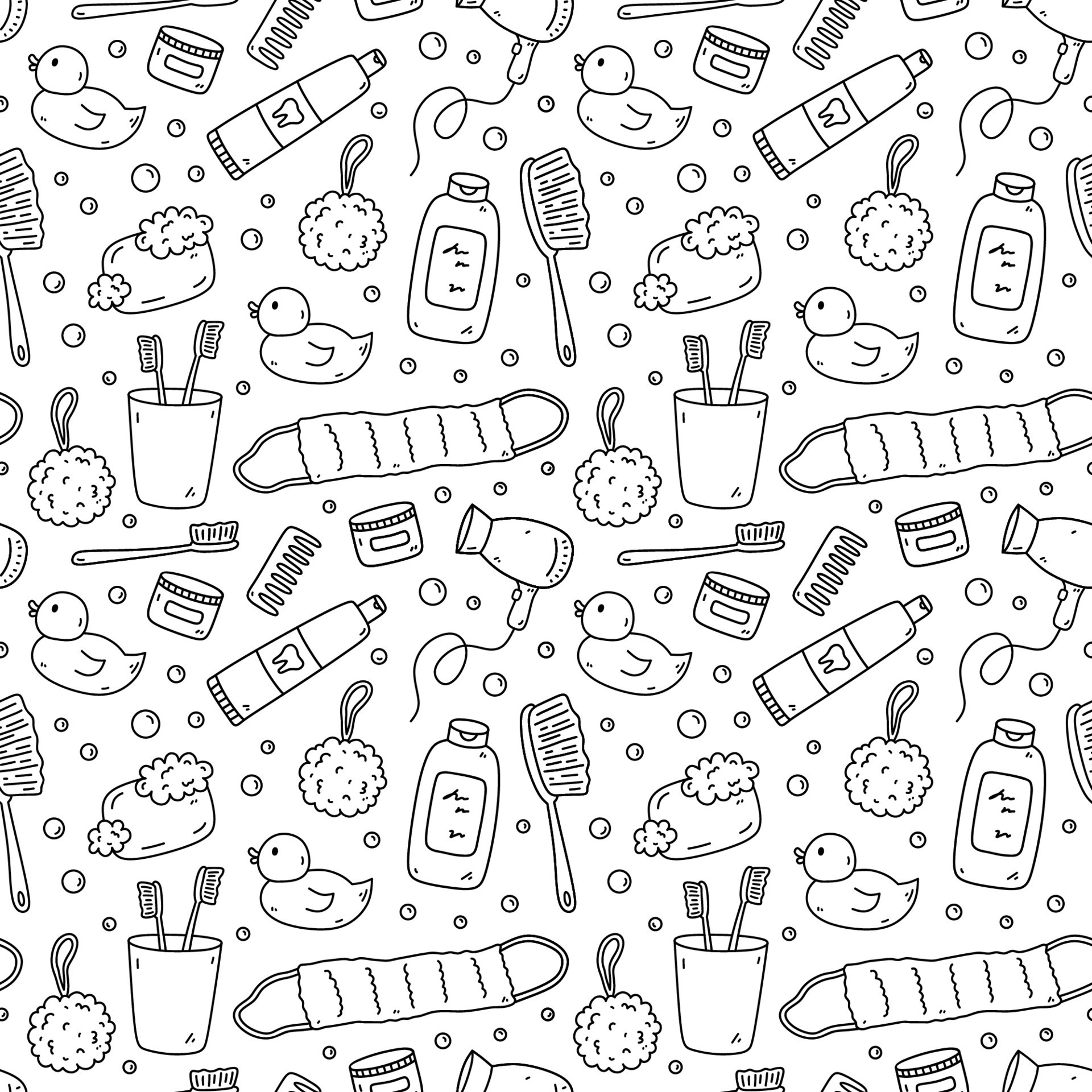 Seamless pattern with bath accessories - shampoo, rubber duck, loofah,  soap, cream, towel, toothpaste, toothbrush. Vector hand-drawn illustration  in doodle style. Perfect for print, wrapping paper. 10838704 Vector Art at  Vecteezy