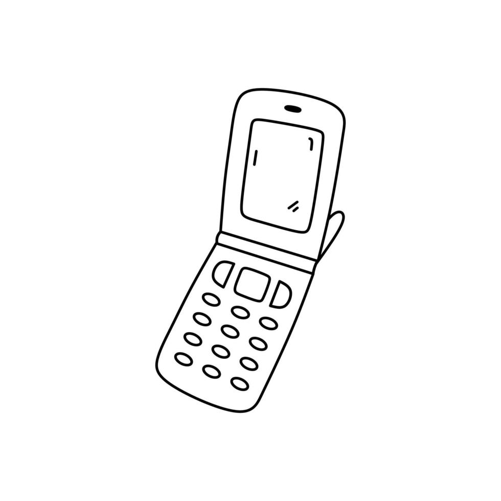Retro flip phone isolated on white background. Vector hand-drawn illustration in doodle style. Old fashioned mobile phone. Perfect for decorations, logo, various designs.