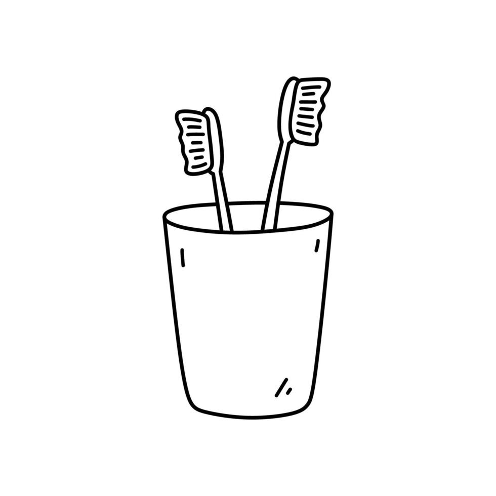 Toothbrushes in a cup isolated on white background. Oral hygiene. Vector hand-drawn illustration in doodle style. Perfect for decorations, logo, various designs.