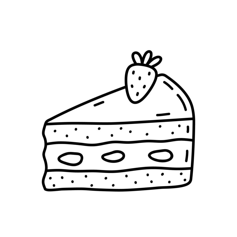 Piece of cake with strawberry isolated on white background. Cute dessert, sweet food. Vector hand-drawn illustration in doodle style. Perfect for various designs, cards, decorations, logo, menu.