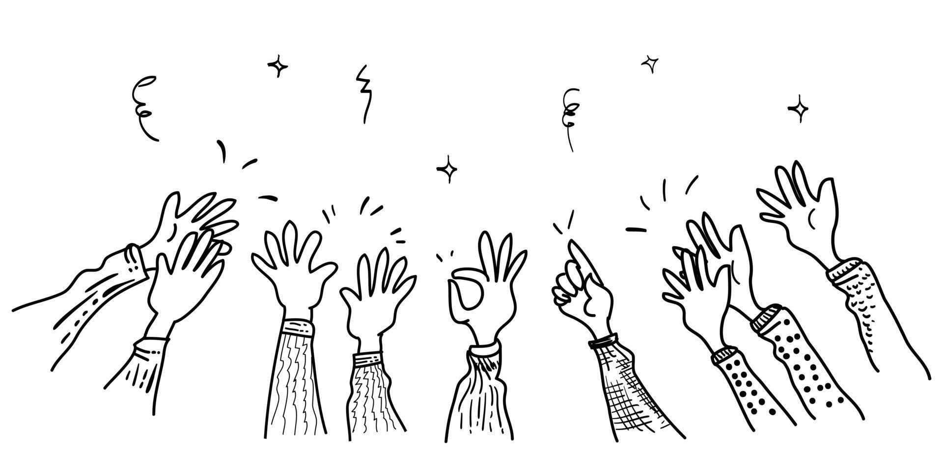 hand drawn of hands clapping ovation. applause, thumbs up gesture on doodle hands up. vector illustration