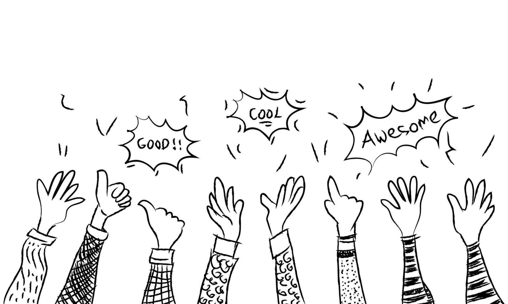 hand drawn of doodle hands up. hands applause, thumbs up. vector illustration