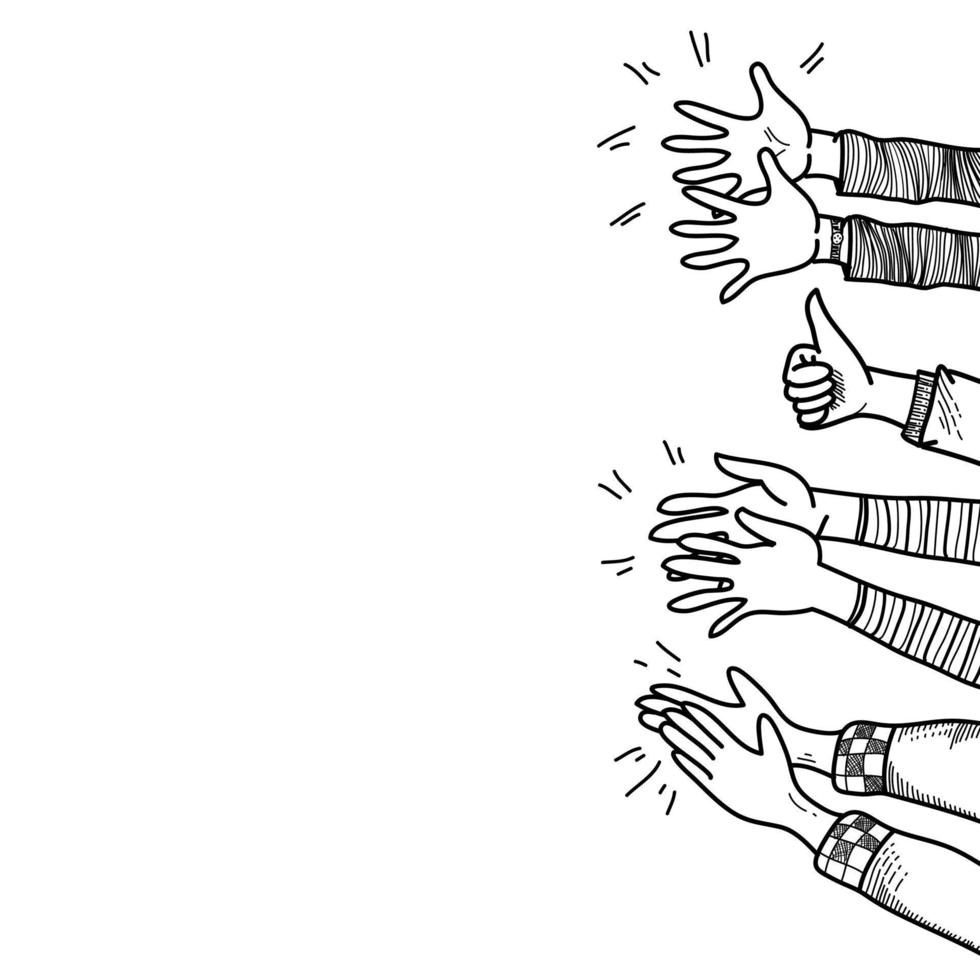 hand drawn of hands clapping ovation. applause, thumbs up gesture on doodle style. vector illustration