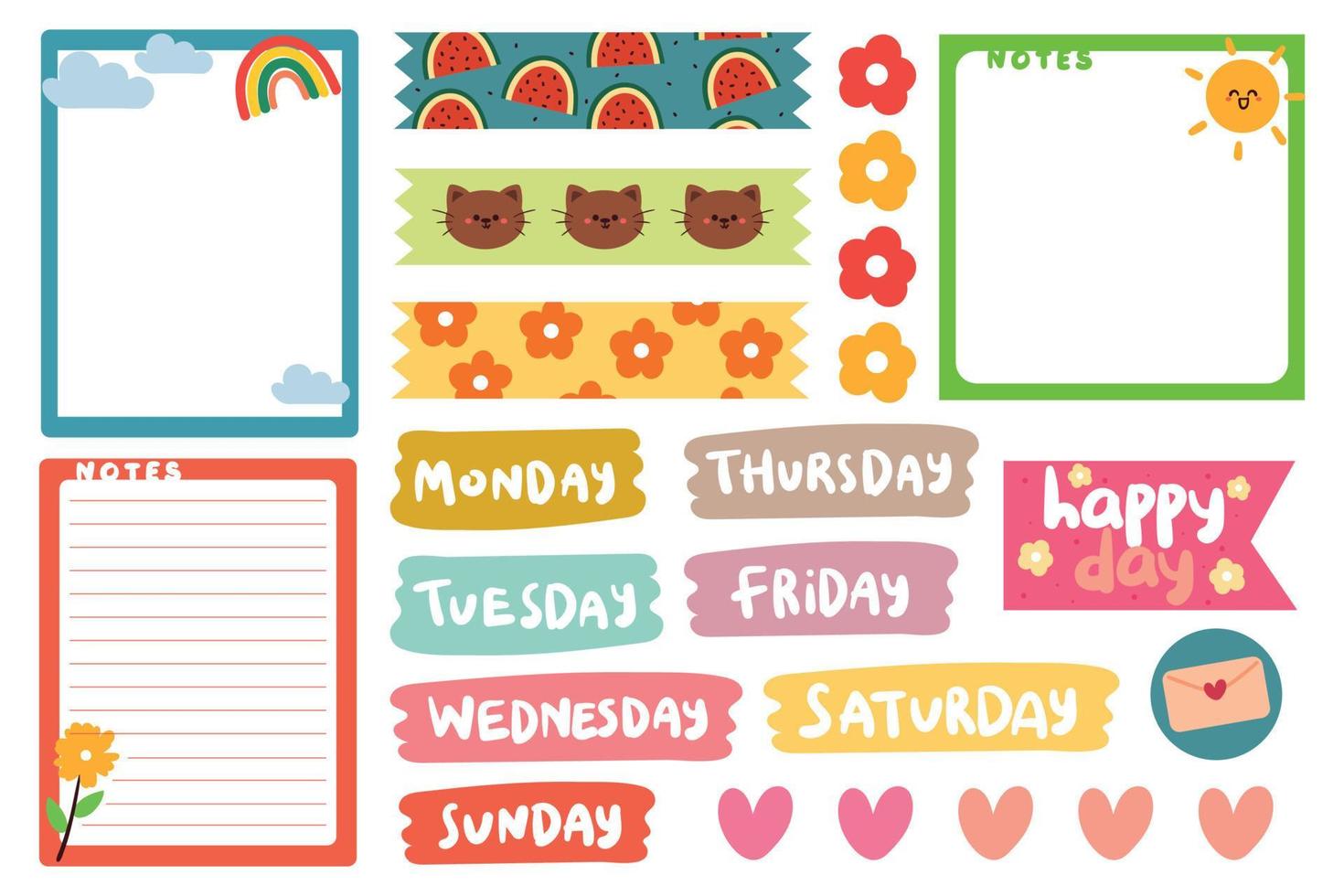 collection of weekly and daily planner sticker, notes, to do list, with lettering and cute icon. template for agenda, check list, stationery vector