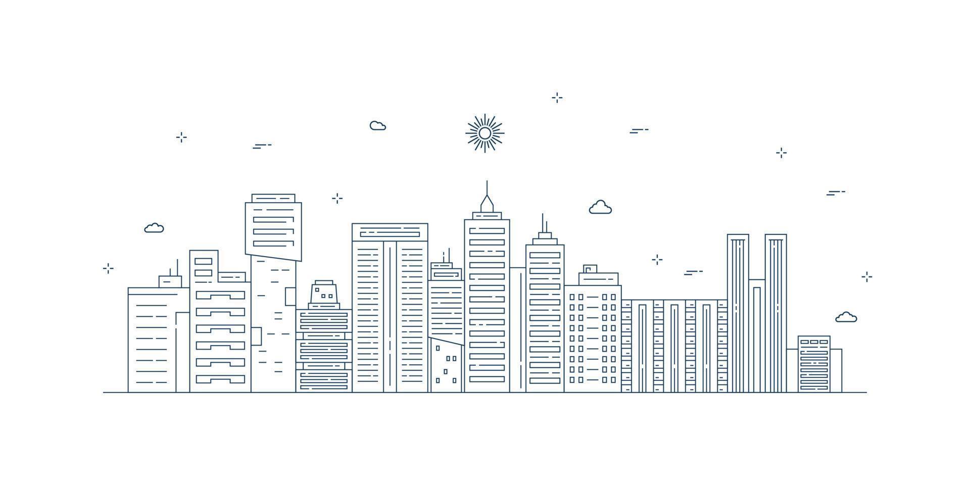 Cityscape. Modern flat line landscape vector. City landscape line art illustration with building, tower, skyscrapers. Vector illustration.