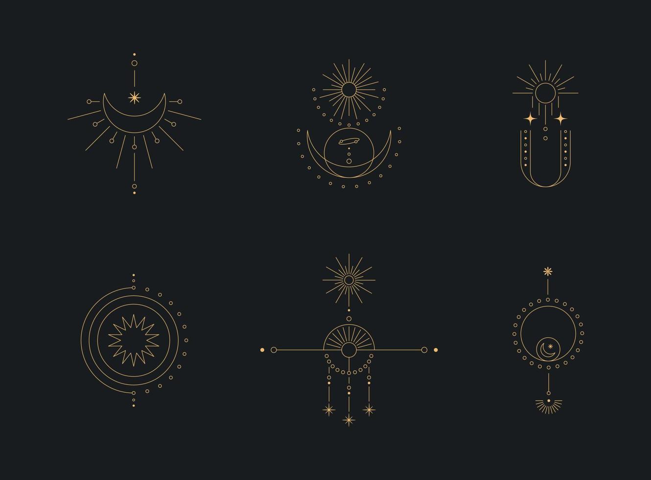 Set of moon and sun line art. Minimal boho linear symbols. Celestial mystic element. Vector line art illustration.