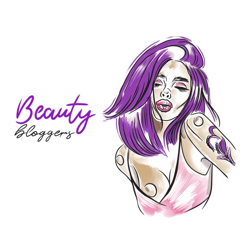 Beauty bloggers, beautiful tattooed girl, doodle style watercolor vector